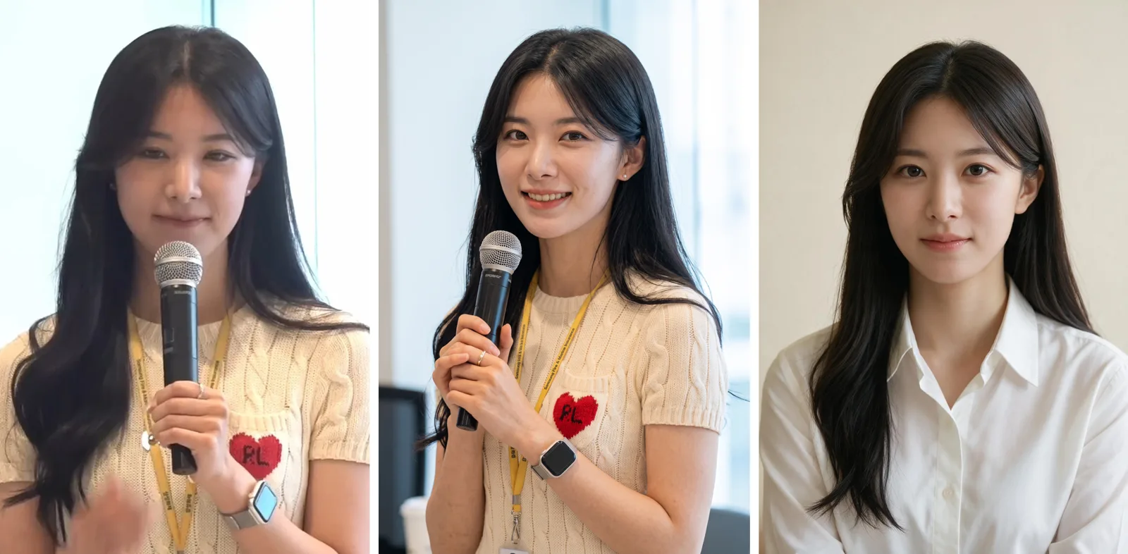 왼쪽: 실제 임직원(행사 영상 캡처) · 가운데·오른쪽: AI로 만든 얼굴 레퍼런스